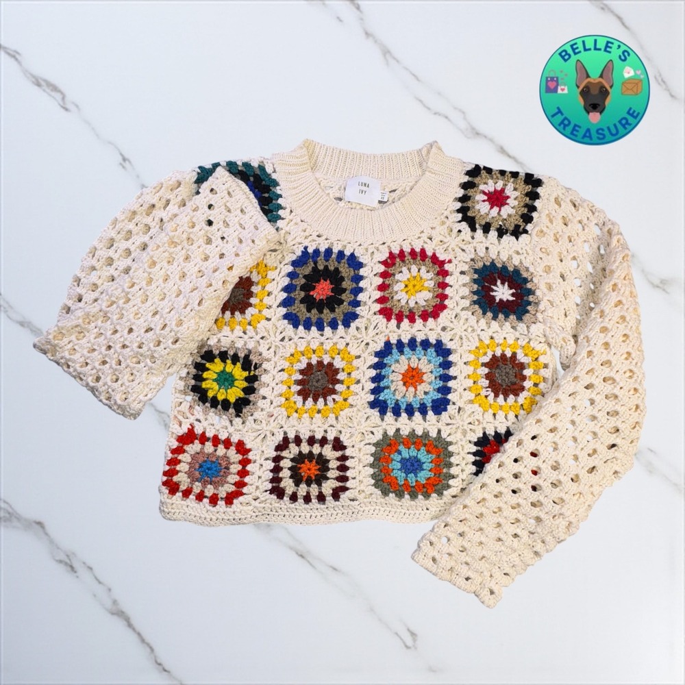 Luna Ivy Crochet Sweater Colorful‎ Granny Square Knit XS Pullover Top